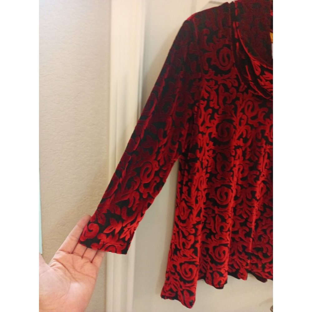 Women's Ruby Rd. Red/Black Velvet Soft Cowl Neck Elegant Blouse Size Medium - Picture 3 of 7